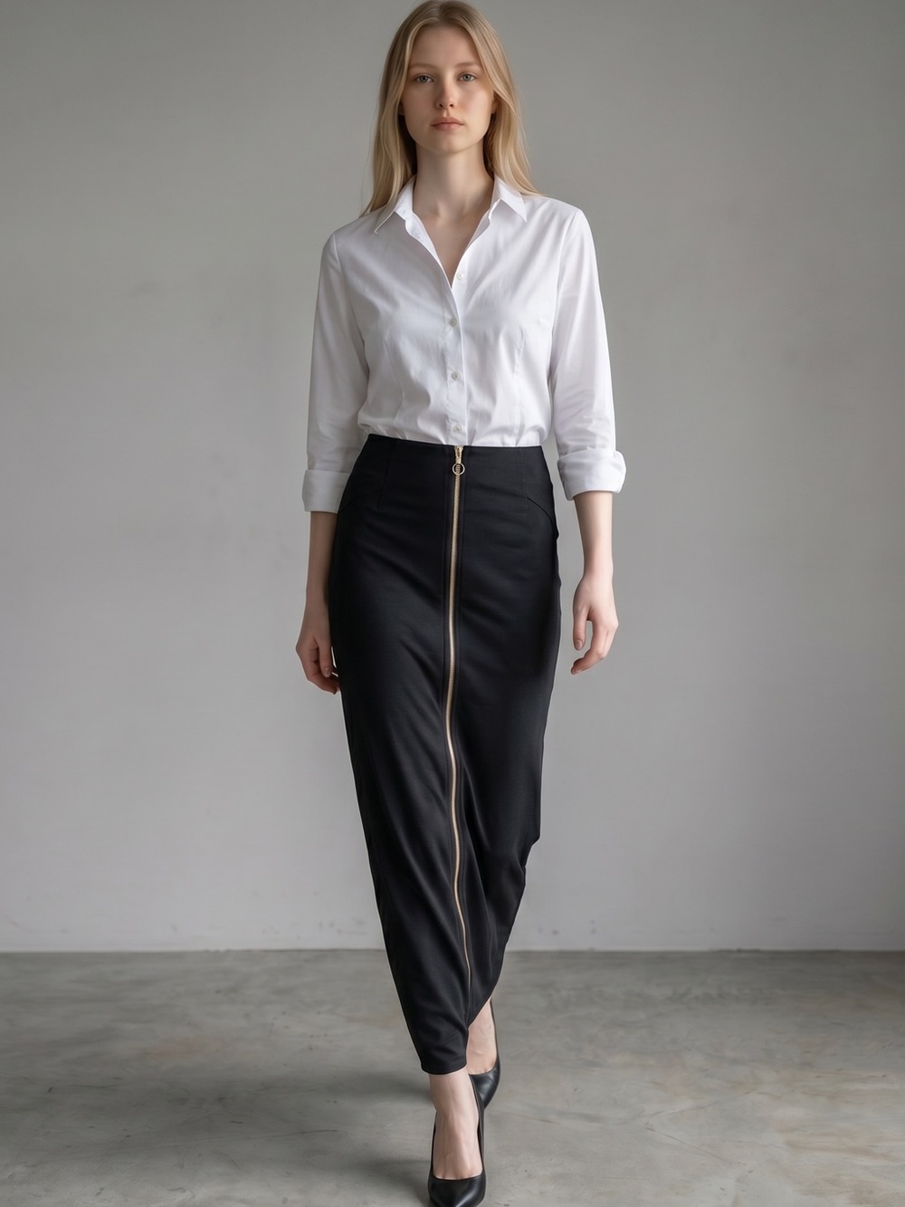 Black Maxi Pencil Skirt with Front Zip
